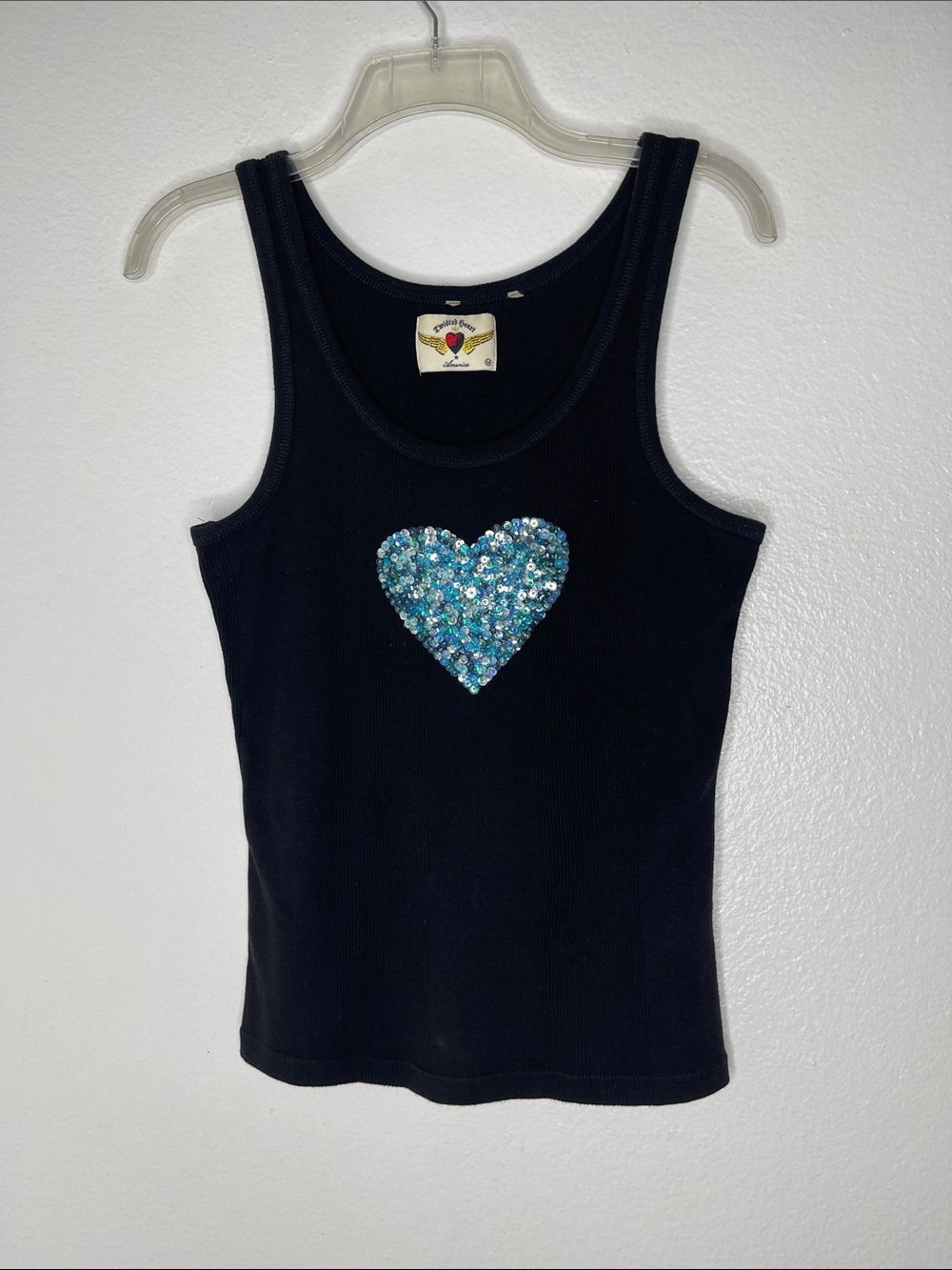 Vintage Y2K Twisted Heart Black Ribbed Tank Top Blue Heart Sequined Size Medium
